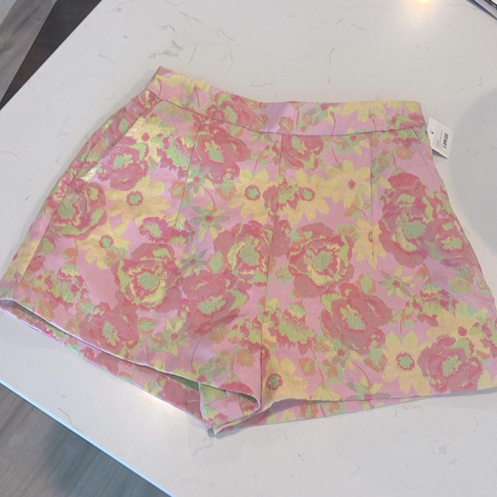 TCEC Pink Floral Jacquard Shorts with Yellow and Green Accents